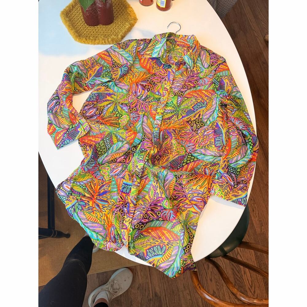 Colorful printed sheet button down swim cover - size M